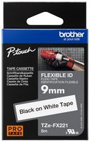 BROTHER TZEFX221 Label Tape, Flexible, 9mm, P-Touch, Black on White