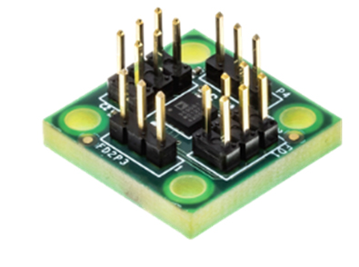 Figure 2: EVAL-ADXL359Z evaluation board. The EVAL-ADXL359Z is ideal for evaluation of the ADXL359 in an existing system because the stiffness and the small size of the EVAL-ADXL359Z minimizes the effect of the board on both the system and acceleration measurements